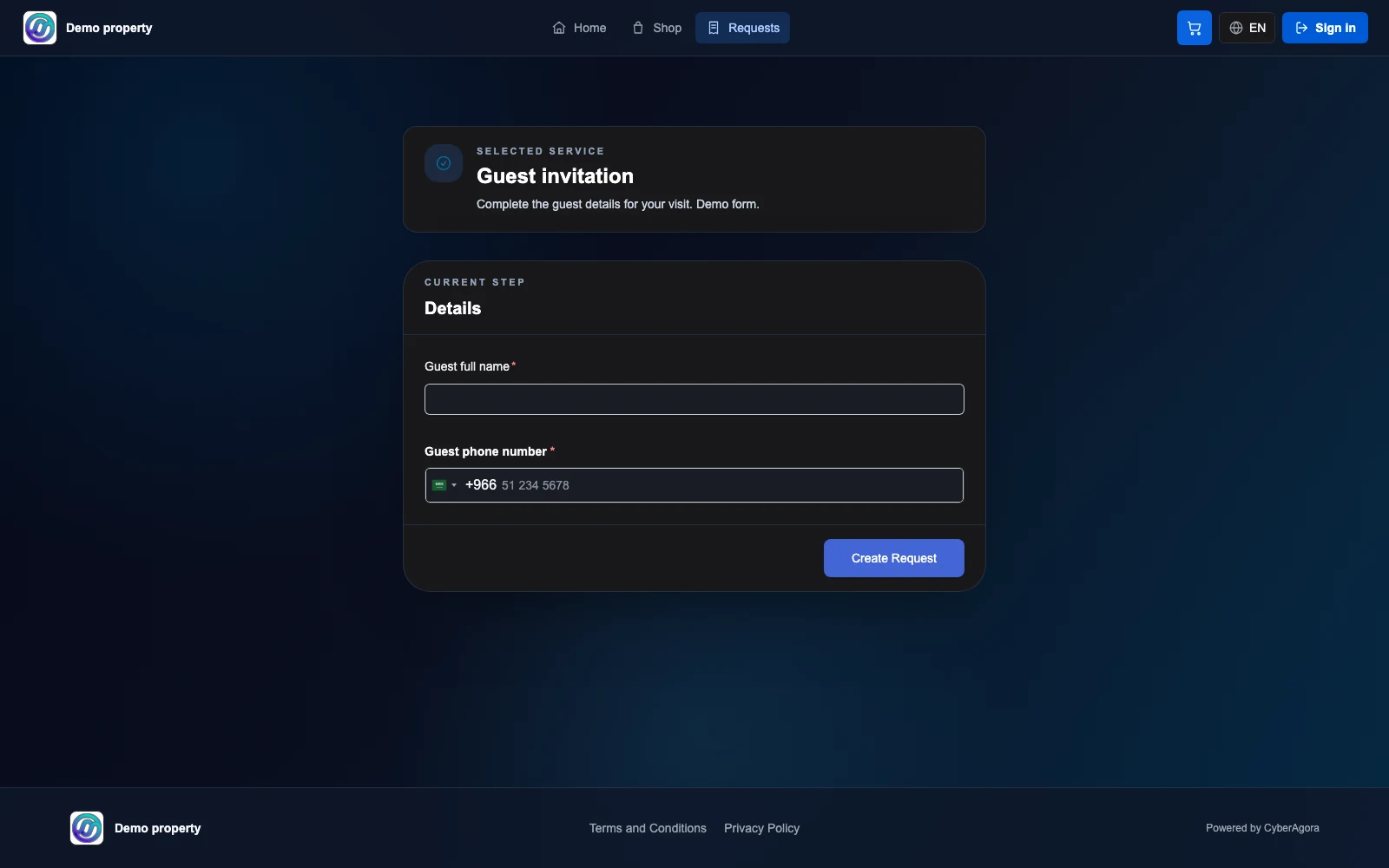 Run OSS guest invitation request form on desktop, using a local demo form