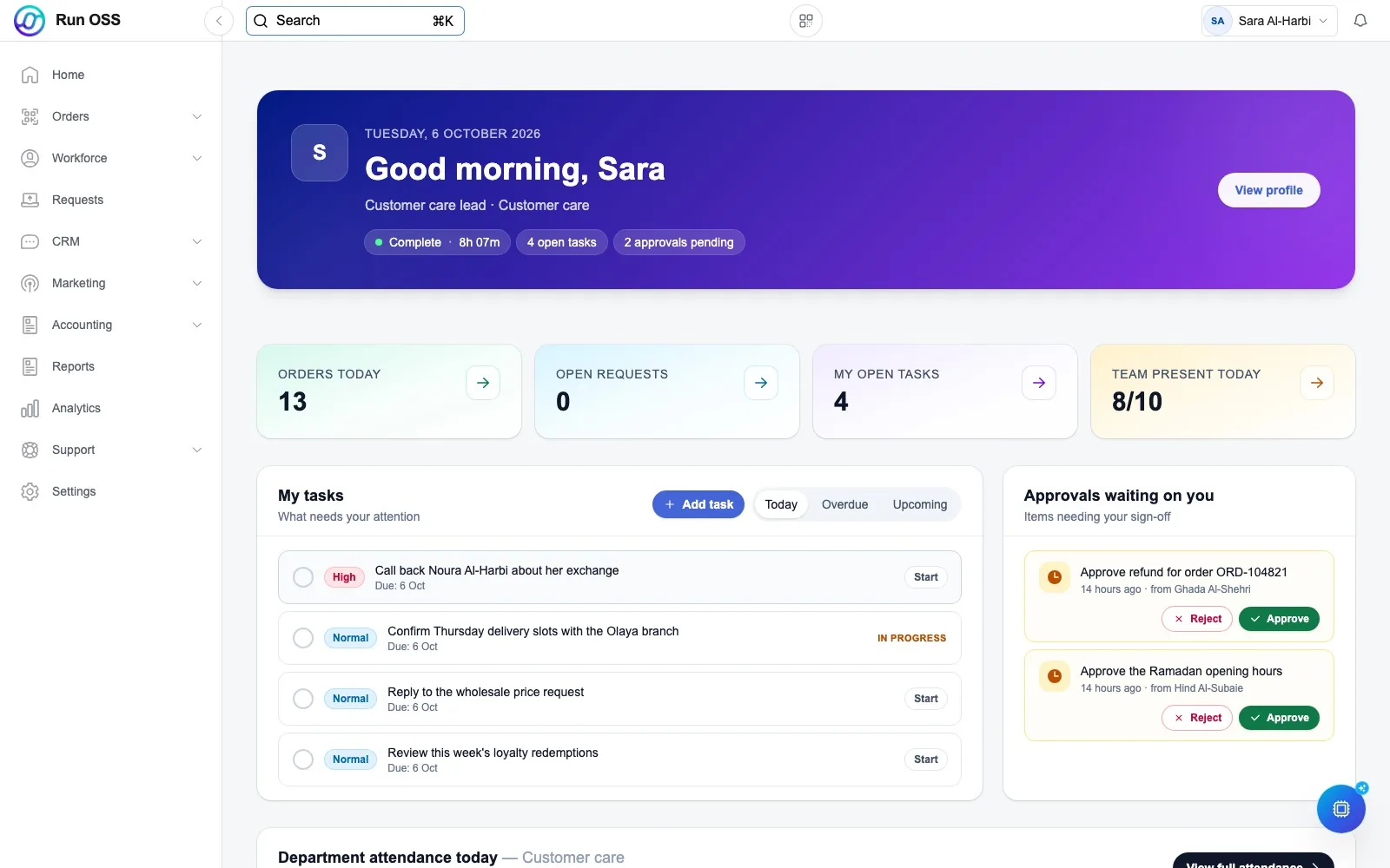 The Run OSS inbox: a WhatsApp conversation with a customer, answered by a team member
