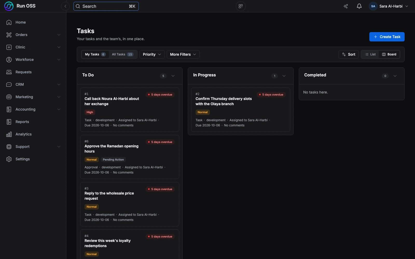 The task board with To do, In progress and Completed columns, each task showing its owner and priority