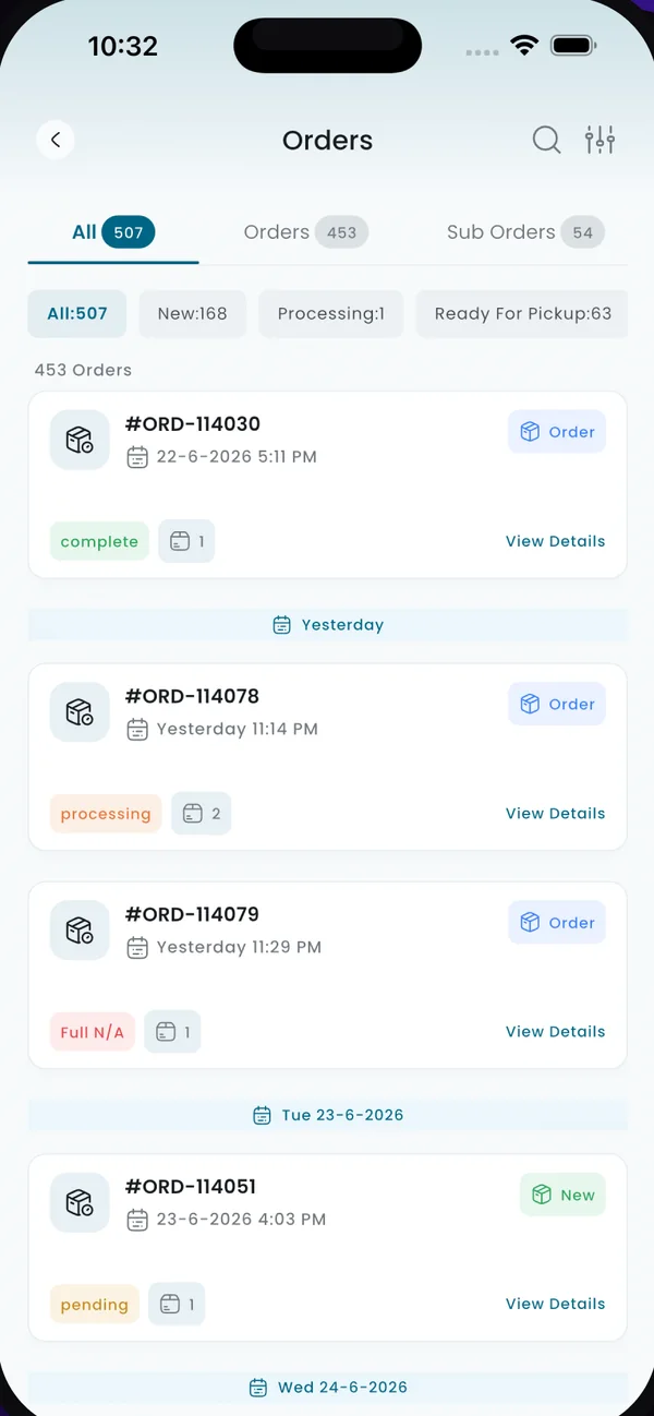 The OSS Connect app on a phone: the day's orders, each with its status