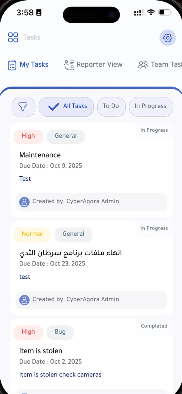 The OSS Connect app on a phone: today's tasks and who they are assigned to