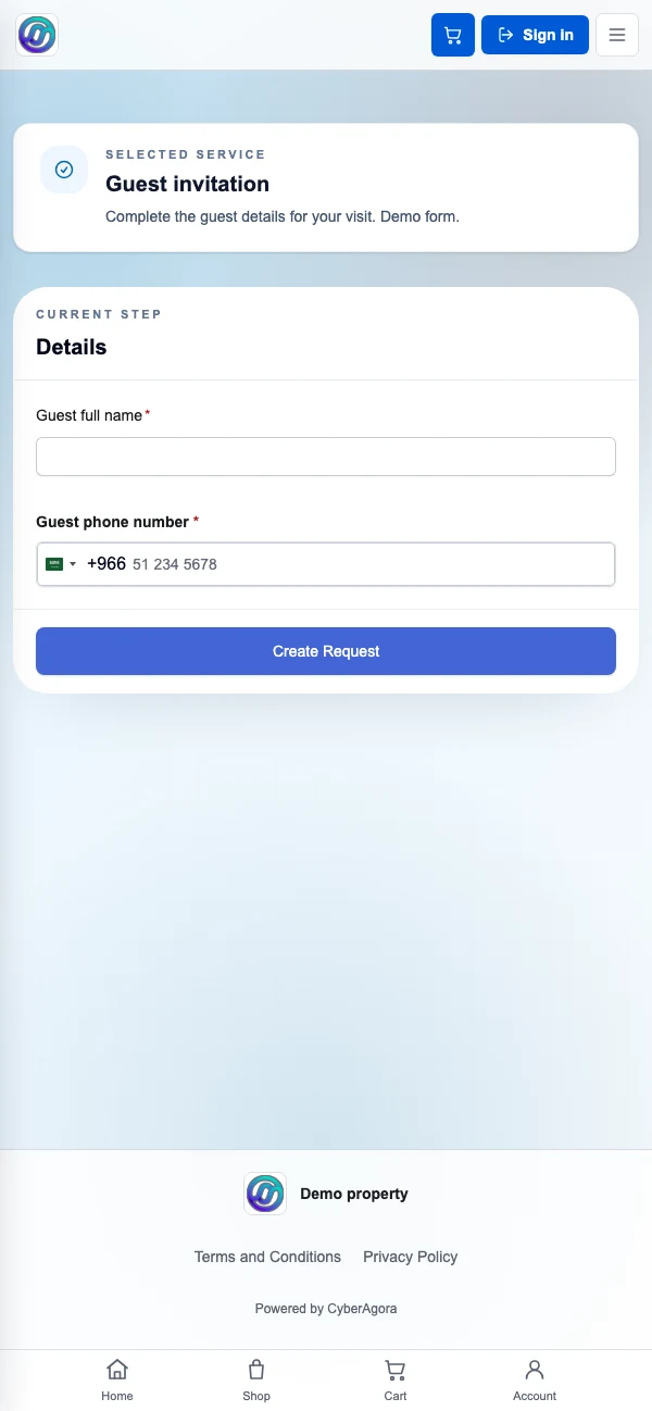 Guest invitation request form in a mobile web browser, using a local demo form