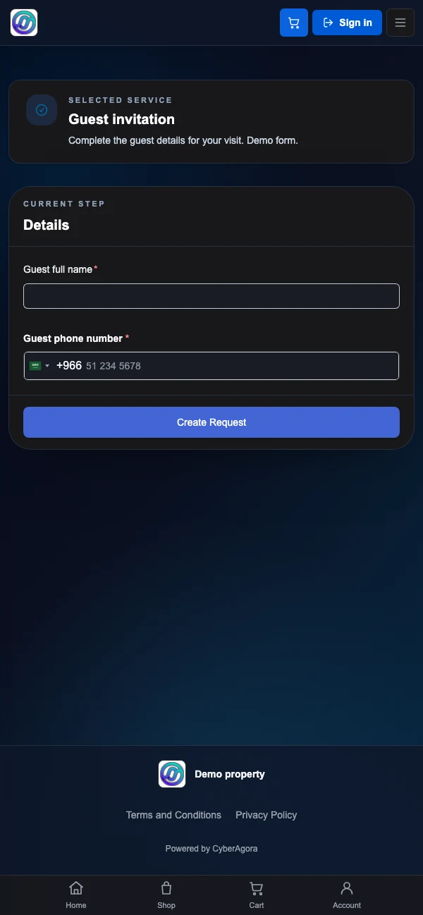 Guest invitation request form in a mobile web browser, using a local demo form
